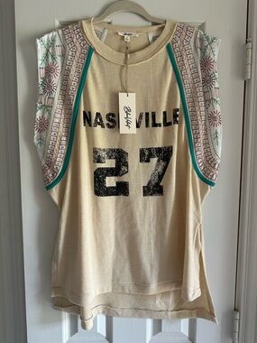 Blue Velvet Nashville Graphic Top with Embroidered Shoulders NWT